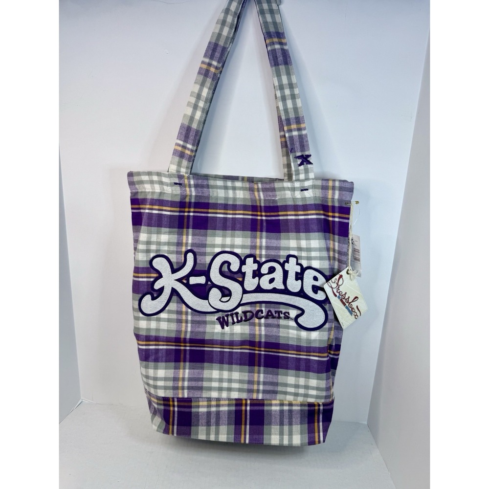 Press Box K-State Wildcats Tote Bag Purple Plaid‎ Cotton 16" x 14" Kansas NEW